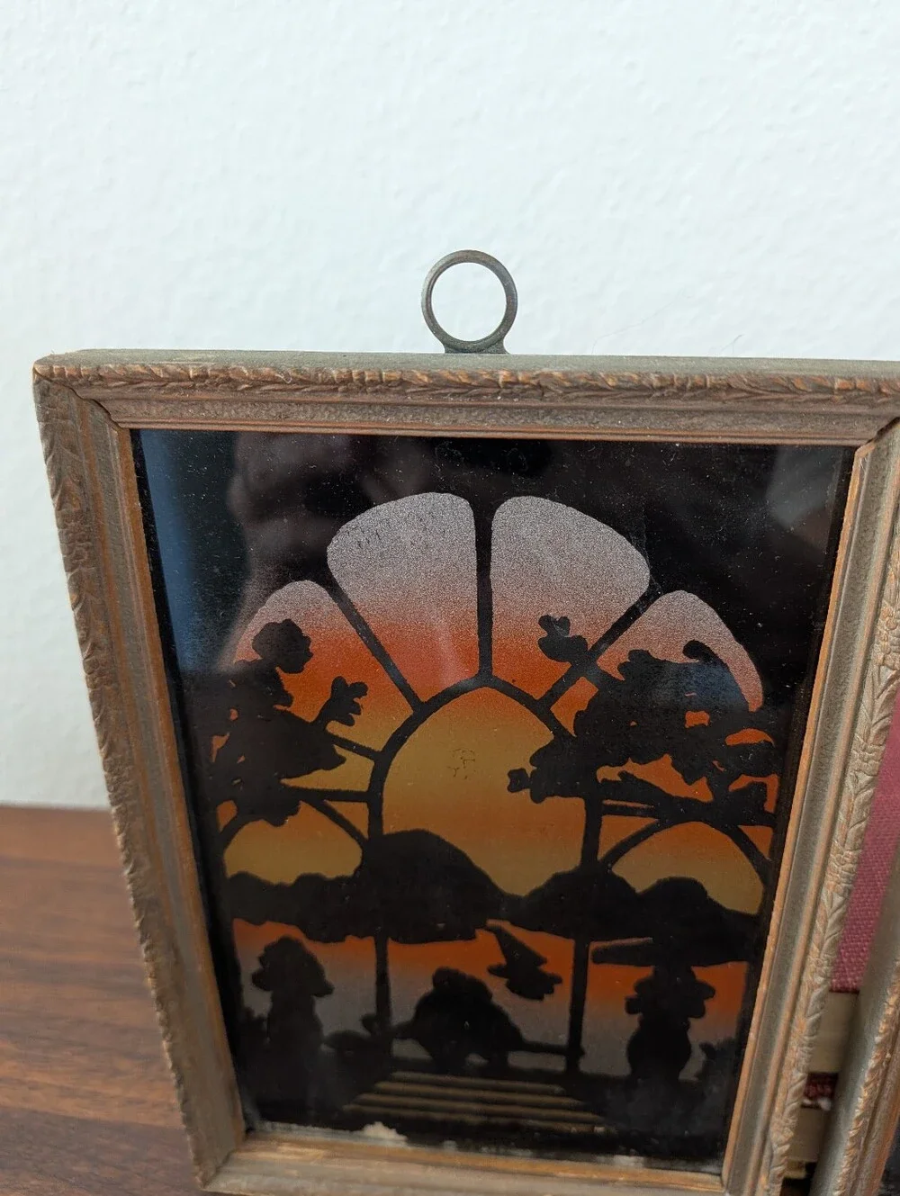 Vintage Set Reverse PaintedSilhouette Window Sunset Couple Lake